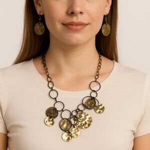 Paparazzi Hammered Metal Disc Statement Necklace Set • Antique Brass & Gold Tone